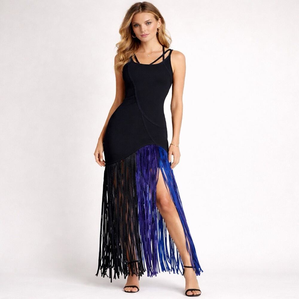Wow Couture Gold Label Women's Small Blue Fringe Party Dress Whimigoth Bandage